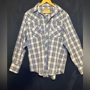 Vintage Wrangler Pearl Snap Plaid Blue & Long Sleeve Button Up Mens Size Large